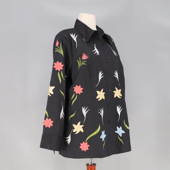 VINTAGE LA REA COLLECTION 100% Linen Botanical Embroidery Shirt Black Size 2X - Picture 2 of 6